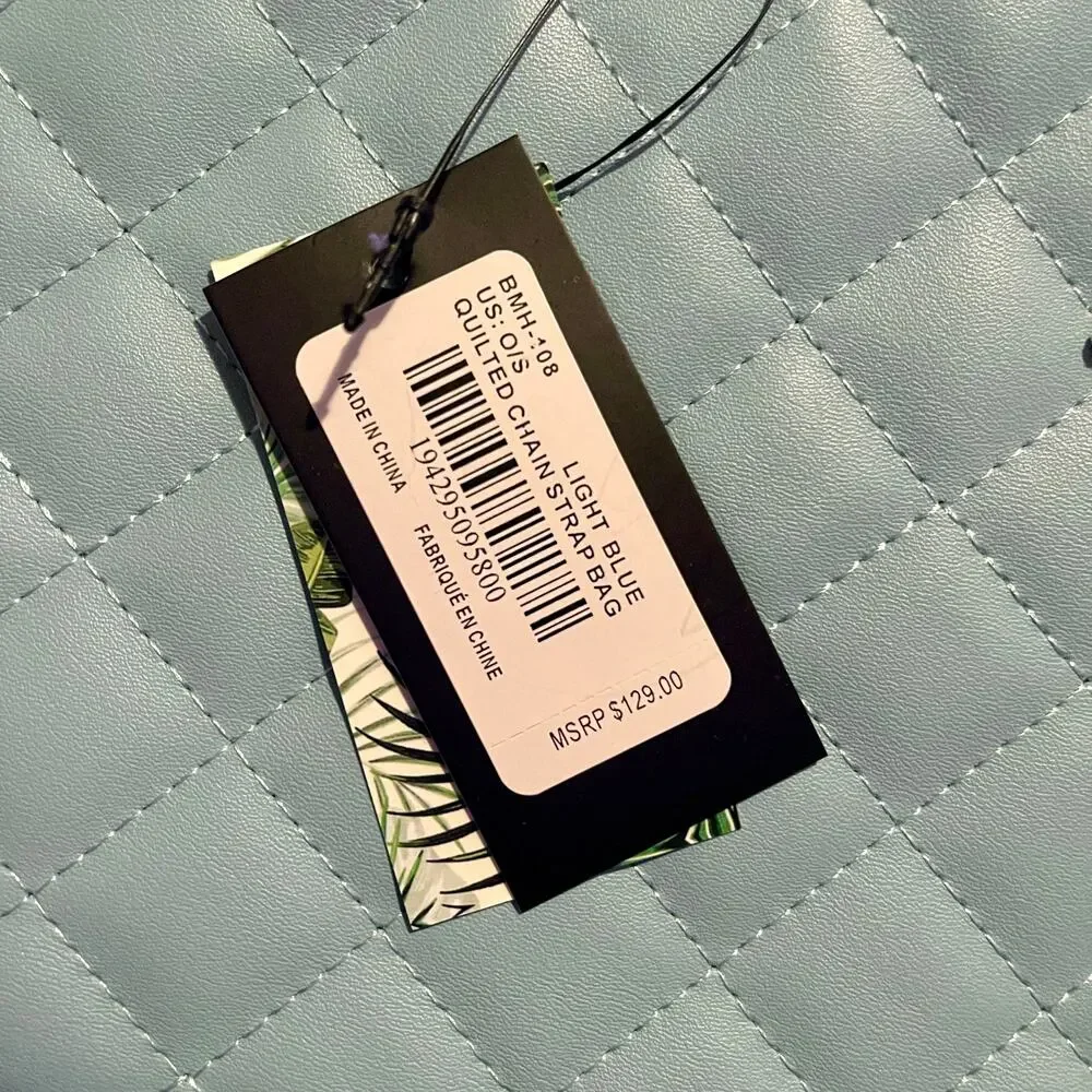 Badgley Mischka Tote Bag Aqua Quilted Chain New With Tags - Picture 7 of 8